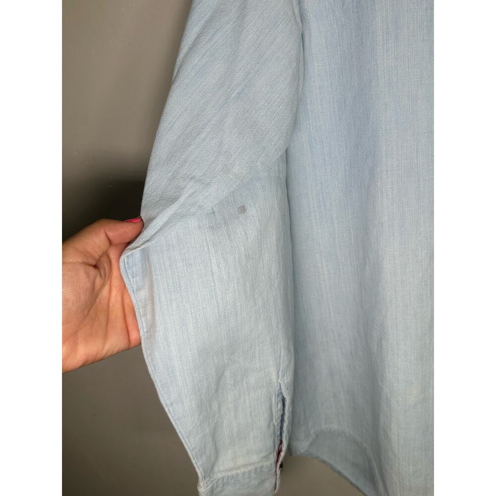 Vintage 90s Casey & Max Chambray Button Down Crochet Flag Patch America Size M - Picture 8 of 8